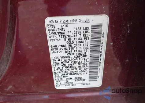 2010 Nissan Murano S z USA, uszkodzony, nr VIN JN8AZ1MU3AW007119